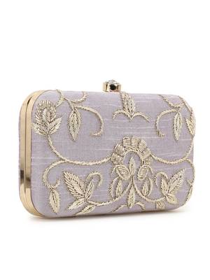 Anekaant Adorn Pastel Purple & Gold Embellished Faux Silk Clutch 2