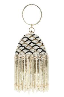 Anekaant Dangle Beige & Multi Embellished Faux Silk Clutch