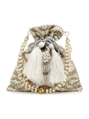 Anekaant Dangle White & Beige Embellished Satin Potli 1