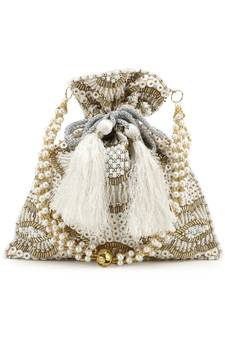 Anekaant Dangle White & Beige Embellished Satin Potli