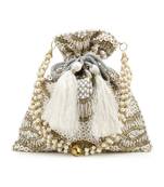 Anekaant Dangle White & Beige Embellished Satin Potli