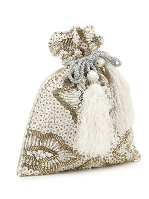 Anekaant Dangle White & Beige Embellished Satin Potli 2