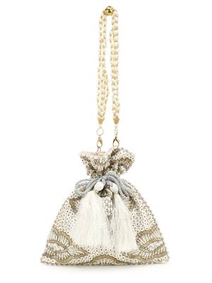 Anekaant Dangle White & Beige Embellished Satin Potli 5