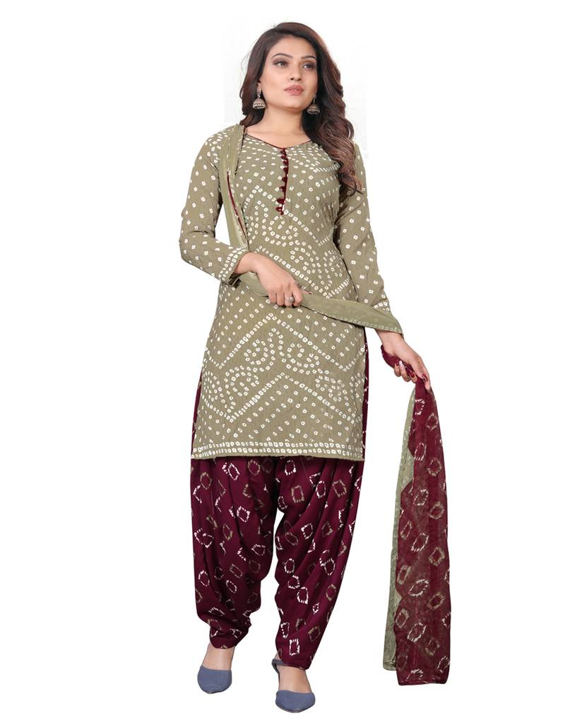 Light Olive Bandhani Printed Crepe Unstitched Dress Material 