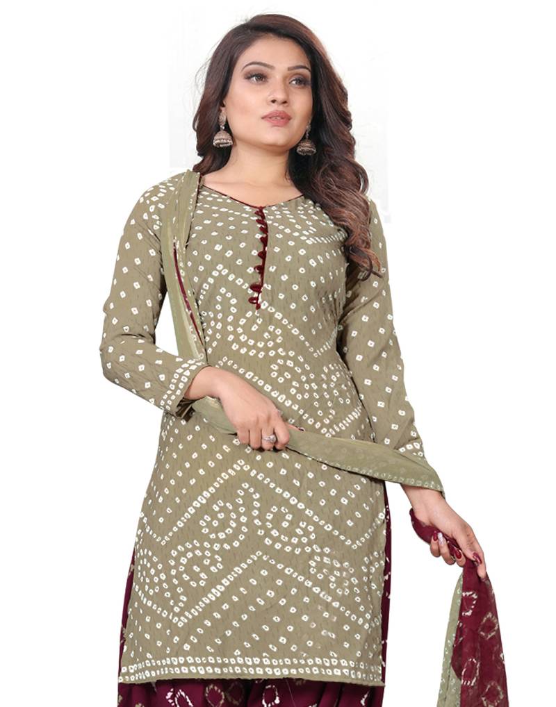 Light Olive Bandhani Printed Crepe Unstitched Dress Material 
