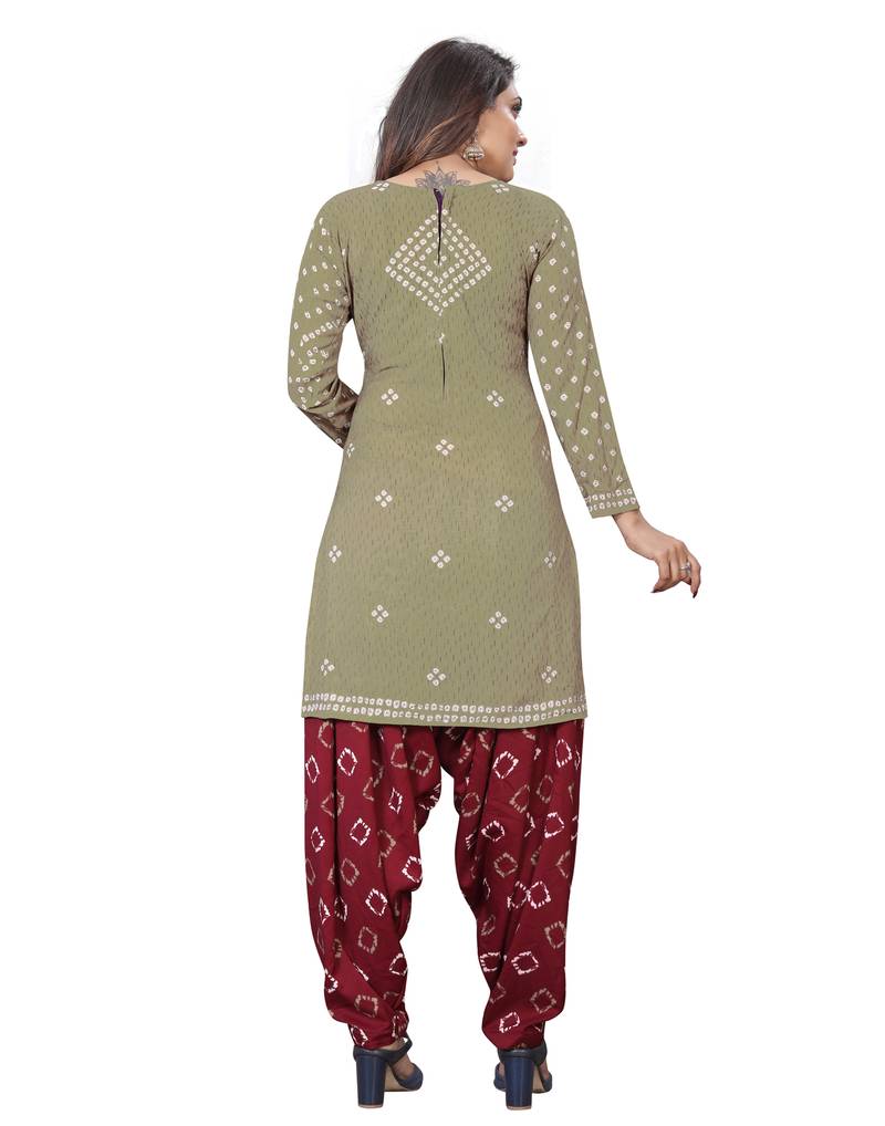 Light Olive Bandhani Printed Crepe Unstitched Dress Material 