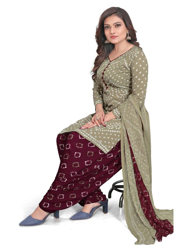 Light Olive Bandhani Printed Crepe Unstitched Dress Material 