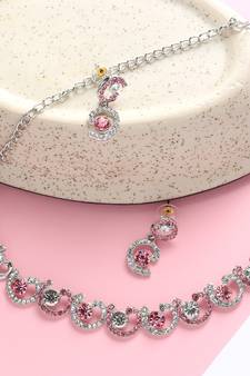 Classic Style AD/American Diamond Studded Pink Silver Plated Handcrafted Circle Necklace Set for Women & Girls