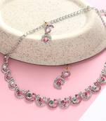 Classic Style AD/American Diamond Studded Pink Silver Plated Handcrafted Circle Necklace Set for Women & Girls