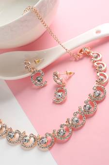American Diamond Rose Gold-Plated Floral Design Necklace with Earrings for Women, Girls