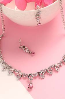 Classic Style AD/American Diamond Studded Pink Silver Plated Handcrafted Circle Necklace Set for Women & Girls