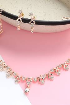 American Diamond Rose Gold-Plated Floral Design Necklace with Earrings for Women, Girls