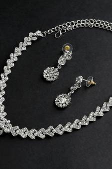 Classic Style AD/American Diamond Studded Rhodium Plated Necklace Set With Earrings Jewellery Set for Women and Girls   
