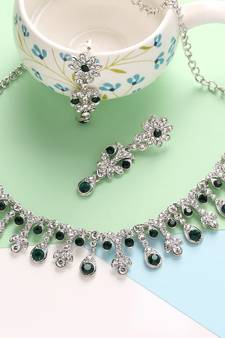 Mad Club AD Green Silver -Plated Floral Design Necklace with Earrings for Women, Girls