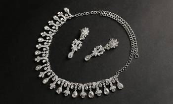 Classic Style AD/American Diamond Studded Rhodium Plated Necklace Set With Earrings Jewellery Set for Women and Girls    1