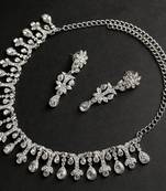 Classic Style AD/American Diamond Studded Rhodium Plated Necklace Set With Earrings Jewellery Set for Women and Girls   