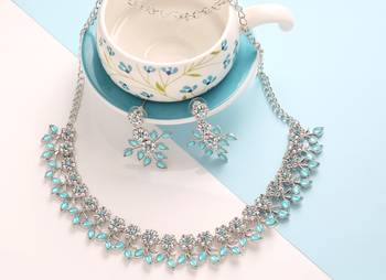 Classic Style AD/American Diamond Studded Ferozi Colour  SilvervPlated Handcrafted Circle Necklace Set for Women & Girls 1