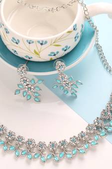 Classic Style AD/American Diamond Studded Ferozi Colour  SilvervPlated Handcrafted Circle Necklace Set for Women & Girls