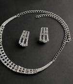 Classic Style AD/American Diamond Studded Rhodium Plated Necklace Set With Earrings Jewellery Set for Women and Girls   