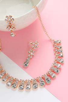 American Diamond Rose Gold-Plated Floral Design Necklace with Earrings for Women, Girls