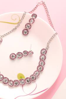 American Diamond Rose Gold-Plated  Necklace with Earrings for Women, Girls - Jewellery Set for Wedding, (Rose Gold)