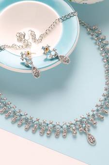 Mad Club American Diamond Ferozi Silver -Plated Floral Design Necklace with Earrings for Women, Girls 