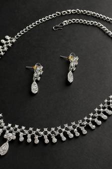 Classic Style AD/American Diamond Studded Rhodium Silver Plated Necklace Set With Earrings Jewellery Set for Women