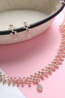 American Diamond Rose Gold-Plated Floral Design Necklace with Earrings for Women, Girls