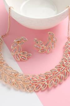 American Diamond Rose Gold-Plated Floral Design Necklace with Earrings for Women, Girls (Rose Gold)