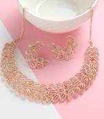 American Diamond Rose Gold-Plated Floral Design Necklace with Earrings for Women, Girls (Rose Gold)