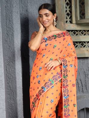 Light orange hand woven banarasi saree with blouse 3