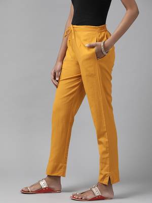 Mustard plain cotton trousers 2
