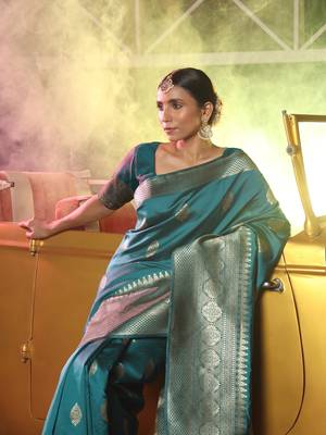 Teal hand woven banarasi saree with blouse 2