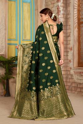 Dark green woven soft silk saree with blouse 2
