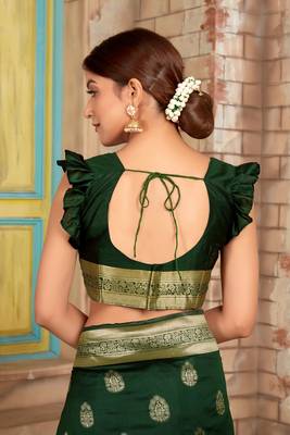 Dark green woven soft silk saree with blouse 4