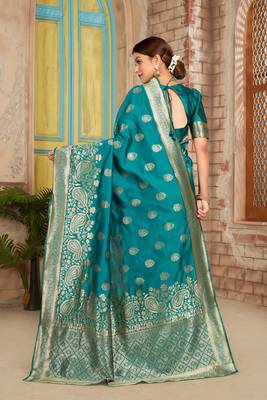 Teal woven silk saree with blouse 2