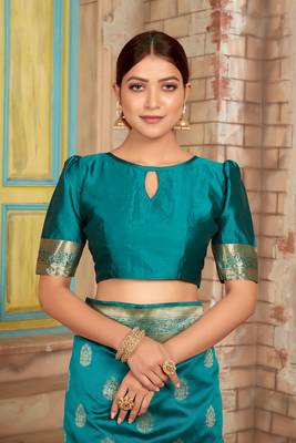Teal woven silk saree with blouse 3