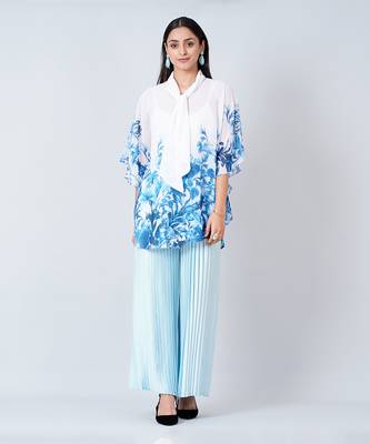 Blue Floral Top And Pleated Palazzo Set 1