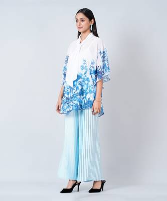 Blue Floral Top And Pleated Palazzo Set 2
