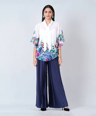 Purple And Blue Floral Top And Pleated Palazzo Set 1