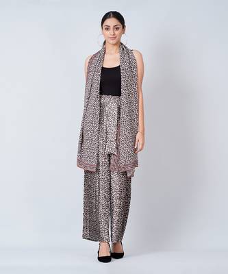 Brown Leopard Print Pleated Palazzo And Stole Set 1