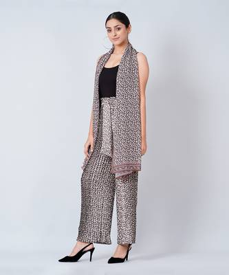 Brown Leopard Print Pleated Palazzo And Stole Set 2