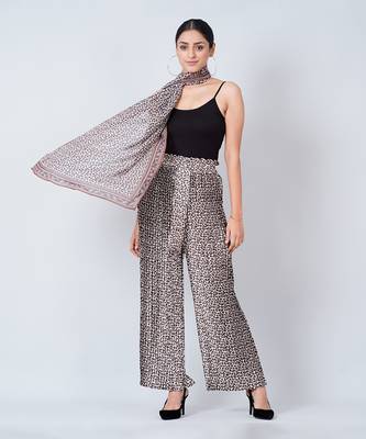 Brown Leopard Print Pleated Palazzo And Stole Set 3