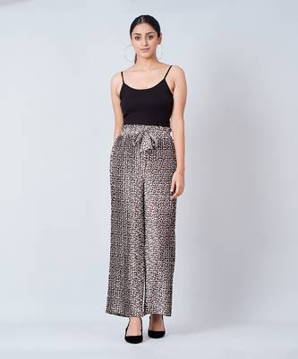 Brown Leopard Print Pleated Palazzo And Stole Set 4