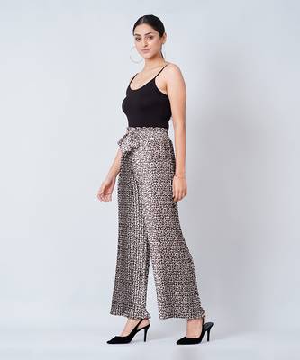Brown Leopard Print Pleated Palazzo And Stole Set 5