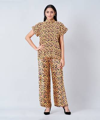 Yellow Animal Print Top And Knife Pleated Palazzo Set 1