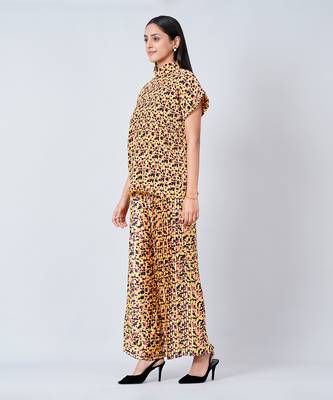 Yellow Animal Print Top And Knife Pleated Palazzo Set 2