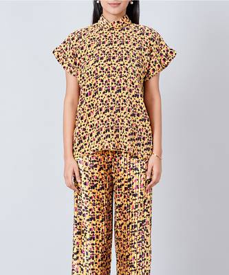 Yellow Animal Print Top And Knife Pleated Palazzo Set 4