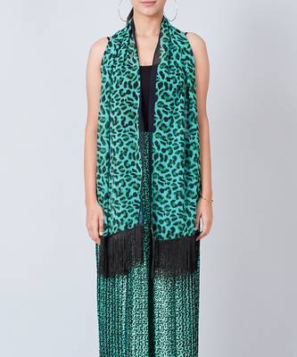 Green Animal Print Pleated Palazzo And Stole Set 5