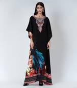 Black And Blue Splash Print Embellished Silk Full Length Kaftan